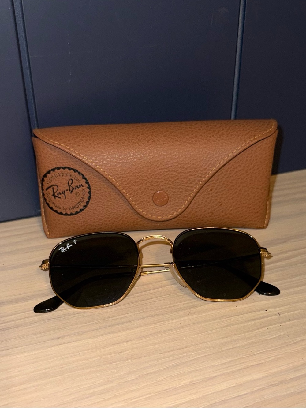 Ray-Ban Hexagonal Men’s  Gold Frame Sunglasses with Brown Case